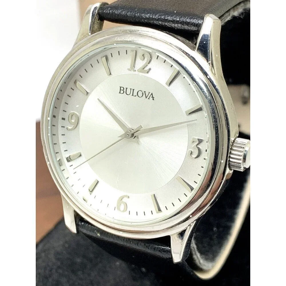 Bulova Men's Watch 96A28 Quartz Logo Silver Dial Black Leather Strap 38m…